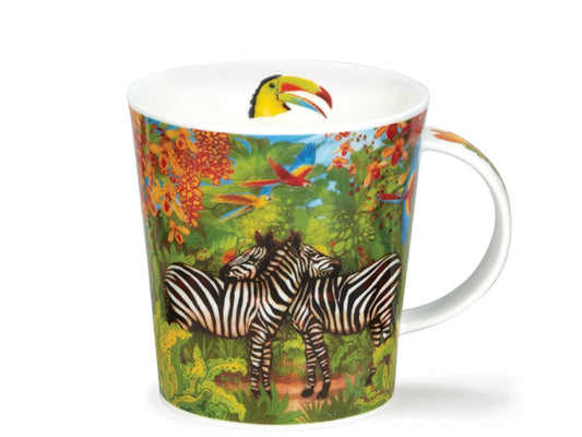 This Dunoon fine bone china mug transports you to a vibrant tropical paradise, adorned with zebras, toucans, macaws, & colourful flowers. Inside, a toucan graces the rim, while the handle seamlessly extends the lively pattern from the mug's exterior.