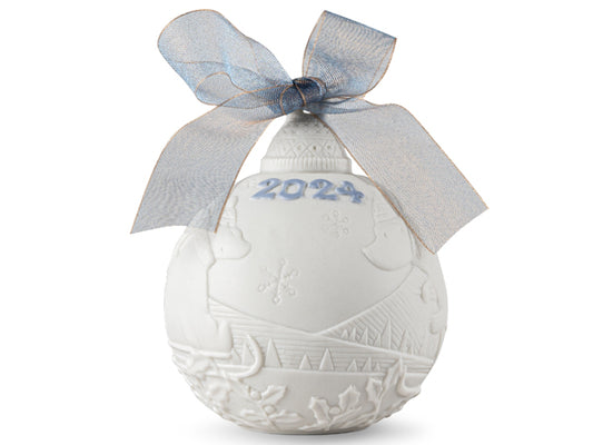 Lladro 2024 Annual Christmas Ball decoration with a blue ribbon