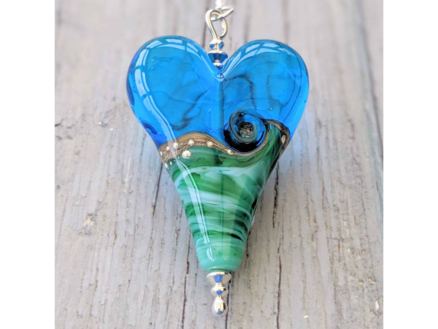 Beach Art Murano Glass Deep Blue Sea Heart Murano Pendant - Extra Large