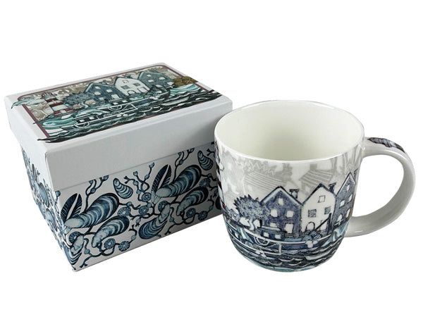 Emma Ball mug with a design in blue of a fishing village scene